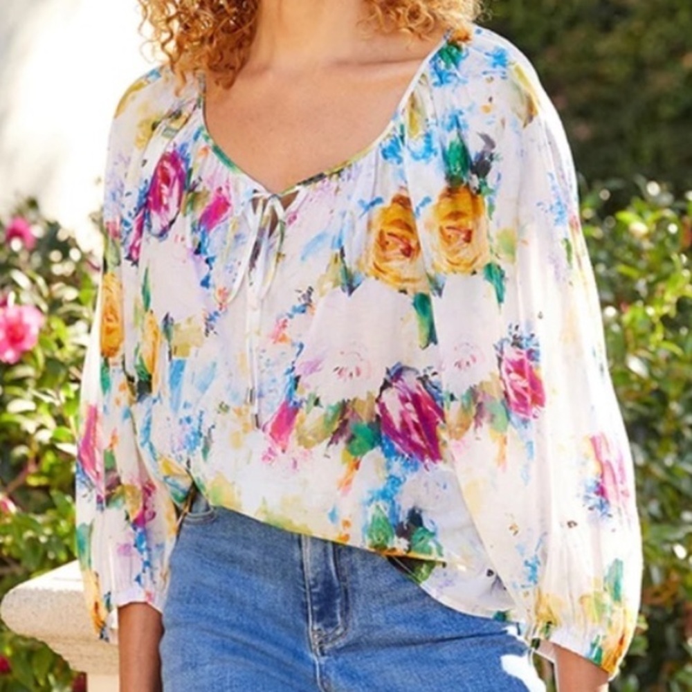 NWT Karen Kane Bright & Beachy Peasant Top White Floral Petite Small
